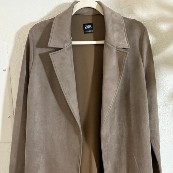 Zara Womens Brown Faux Suede Coat 🤎 Long Blazer Open Jacket Size Large - Picture 1 of 5
